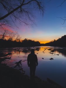 Preview wallpaper man, silhouette, river, trees, sky, solitude, harmony