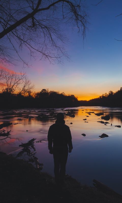 480x800 Wallpaper man, silhouette, river, trees, sky, solitude, harmony