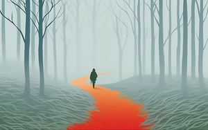 Preview wallpaper man, silhouette, road, forest, fog, art