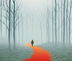 Preview wallpaper man, silhouette, road, forest, fog, art