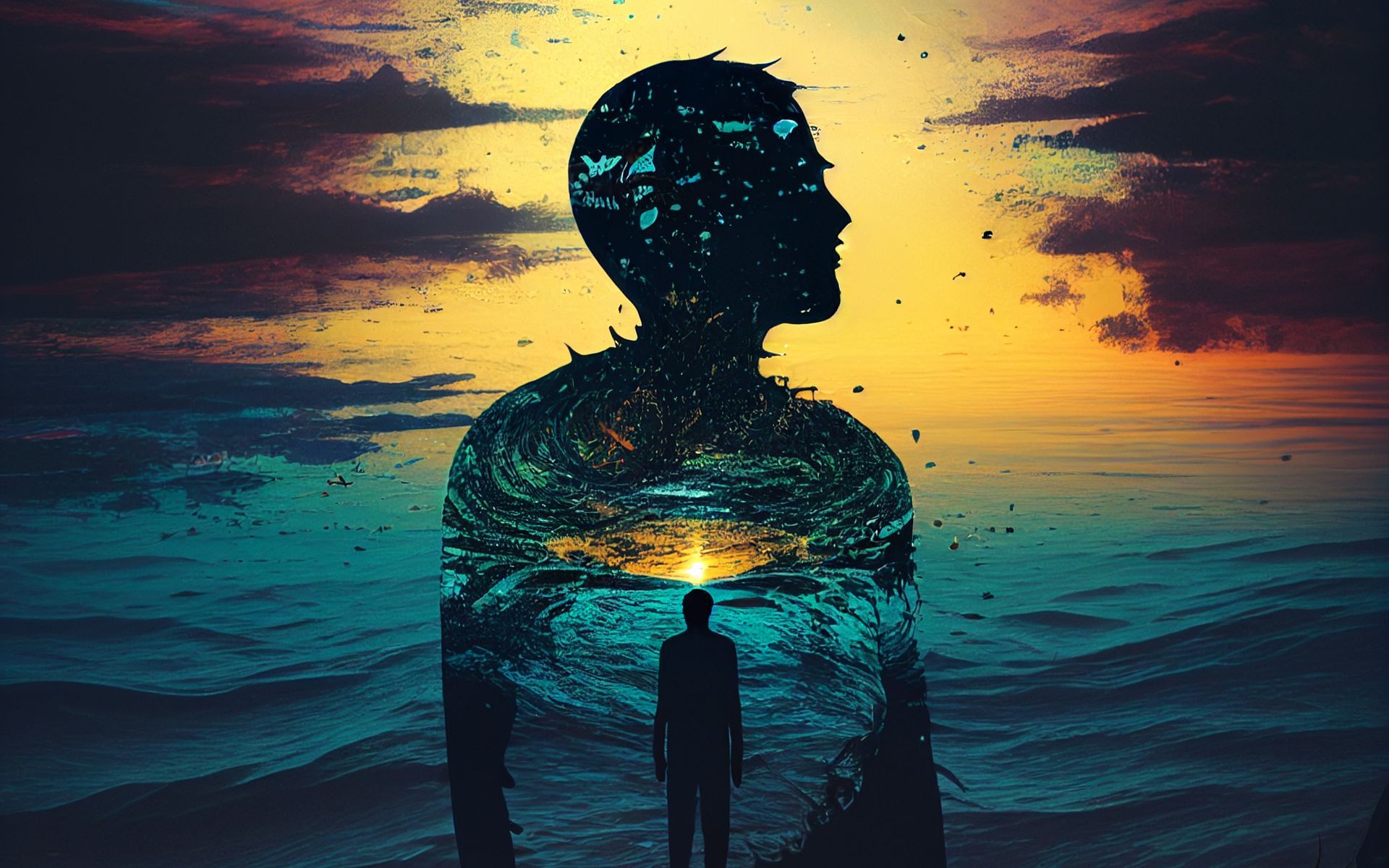 1920x1200 Wallpaper man, silhouette, sea, double exposure, dark