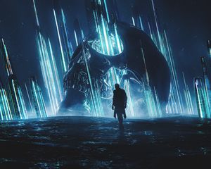 Preview wallpaper man, silhouette, skull, glow, art, dark