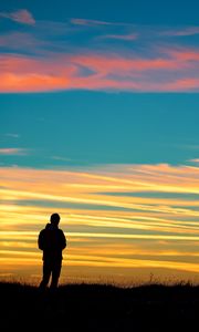Preview wallpaper man, silhouette, sky, sunset, alone