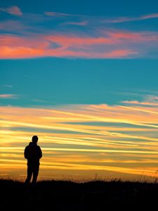 Preview wallpaper man, silhouette, sky, sunset, alone