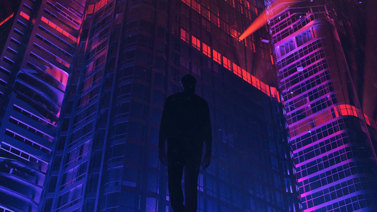 Wallpaper man, silhouette, skyscraper, art, futurism