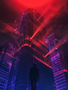 Preview wallpaper man, silhouette, skyscraper, art, futurism