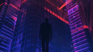 Preview wallpaper man, silhouette, skyscraper, art, futurism
