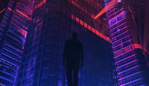 Preview wallpaper man, silhouette, skyscraper, art, futurism