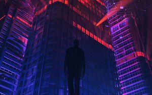 Preview wallpaper man, silhouette, skyscraper, art, futurism