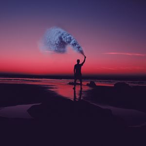 Preview wallpaper man, silhouette, smoke, shore, sunset, sea, asilah, morocco