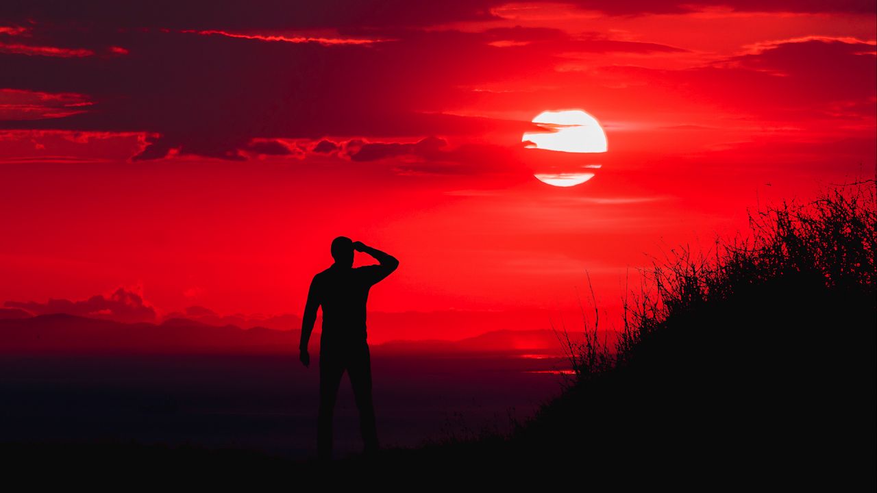 Wallpaper man, silhouette, sunset, sky
