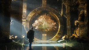 Preview wallpaper man, silhouette, tree, circle, water, art