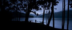 Preview wallpaper man, silhouette, trees, lake, solitude, alone