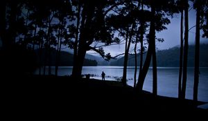 Preview wallpaper man, silhouette, trees, lake, solitude, alone