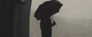 Preview wallpaper man, silhouette, umbrella, pipes, fog, dark