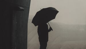 Preview wallpaper man, silhouette, umbrella, pipes, fog, dark