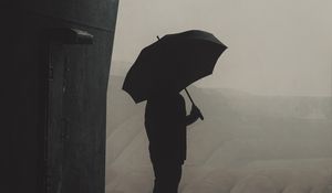 Preview wallpaper man, silhouette, umbrella, pipes, fog, dark