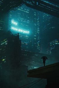 Preview wallpaper man, silhouette, umbrella, alone, city, night, art
