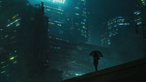 Preview wallpaper man, silhouette, umbrella, alone, city, night, art