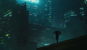 Preview wallpaper man, silhouette, umbrella, alone, city, night, art