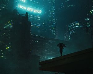 Preview wallpaper man, silhouette, umbrella, alone, city, night, art