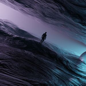 Preview wallpaper man, silhouette, water, waves, art, fantasy