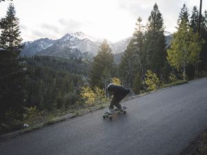 Preview wallpaper man, skate, helmet, slope, mountains