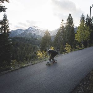 Preview wallpaper man, skate, helmet, slope, mountains