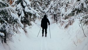 Preview wallpaper man, skier, skiing, forest, snow, winter