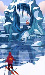 Preview wallpaper man, skiing, bears, ice floes, art
