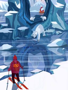 Preview wallpaper man, skiing, bears, ice floes, art