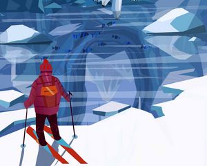 Preview wallpaper man, skiing, bears, ice floes, art