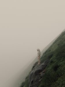 Preview wallpaper man, slope, fog, stones, art