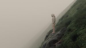 Preview wallpaper man, slope, fog, stones, art