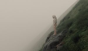 Preview wallpaper man, slope, fog, stones, art