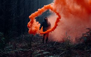 Preview wallpaper man, smoke, cloud, smoke bomb, forest