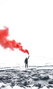 Preview wallpaper man, smoke, ice floe, snow, kandersteg, switzerland