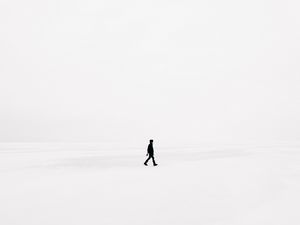 Preview wallpaper man, snow, minimalism, bw, loneliness