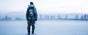 Preview wallpaper man, snow, tourist, backpack, winter