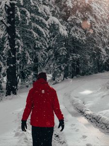 Preview wallpaper man, snow, trees, winter, walk