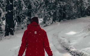 Preview wallpaper man, snow, trees, winter, walk