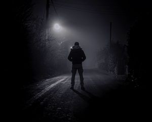 Preview wallpaper man, solitude, night, street, bw