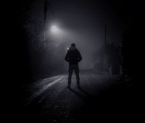 Preview wallpaper man, solitude, night, street, bw