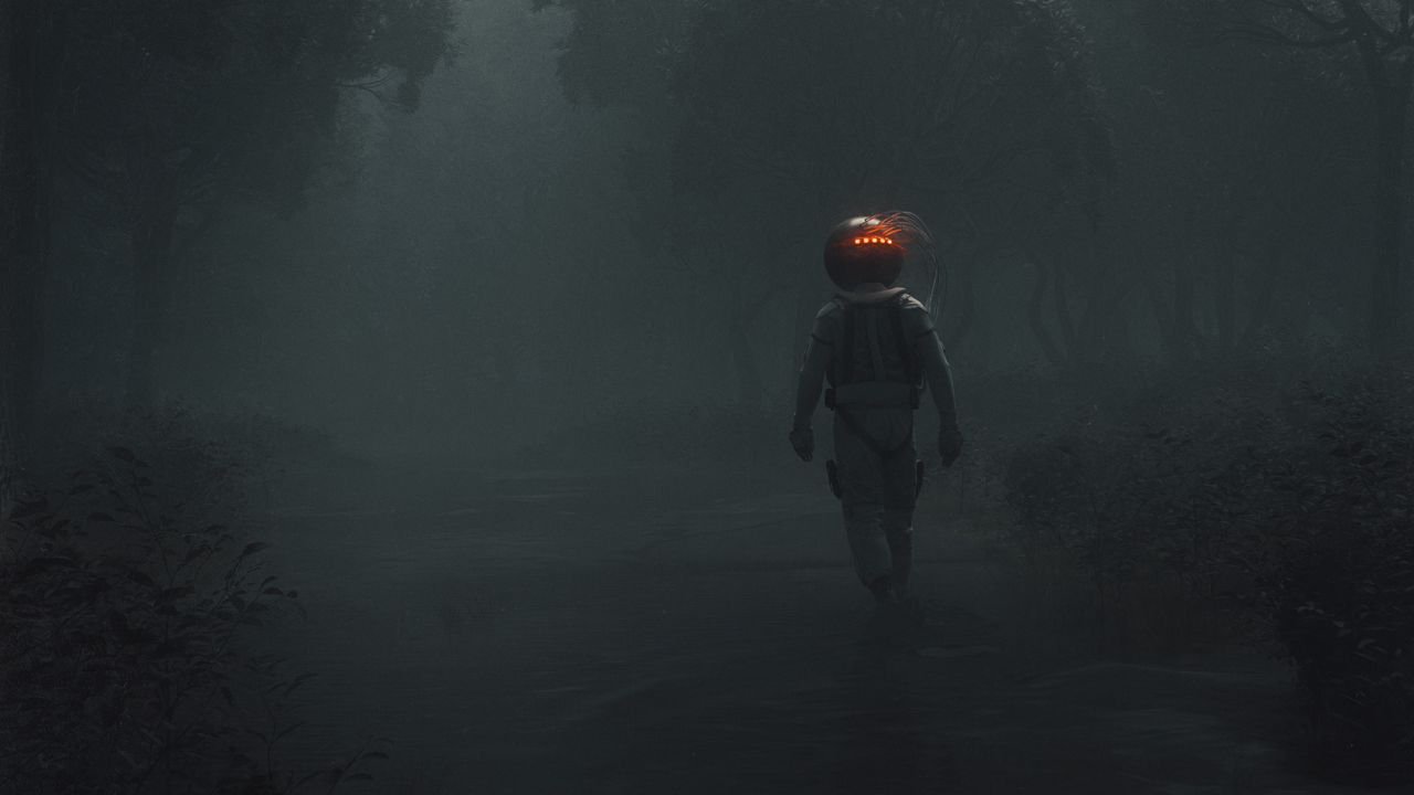 Wallpaper man, space suit, forest, fog, art