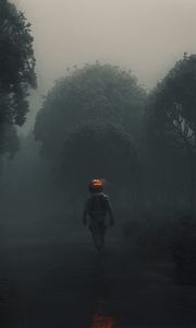 Preview wallpaper man, space suit, forest, fog, art