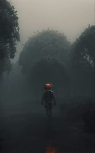 Preview wallpaper man, space suit, forest, fog, art