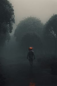 Preview wallpaper man, space suit, forest, fog, art