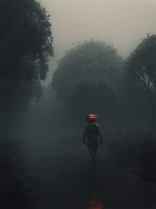 Preview wallpaper man, space suit, forest, fog, art