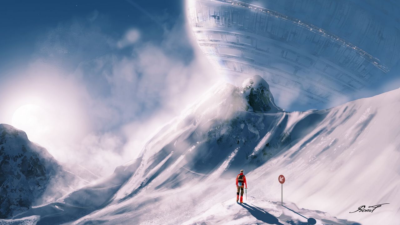 Wallpaper man, spaceship, slope, snow, art