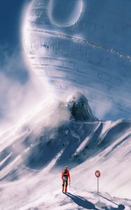 Preview wallpaper man, spaceship, slope, snow, art